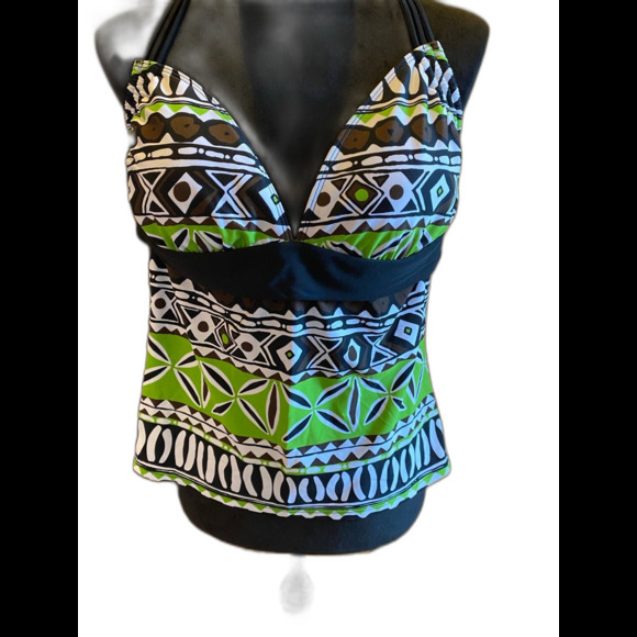Summer Halter Swimsuit Top Size Medium approx. Green, Blue w/ Black Accents - Picture 2 of 6
